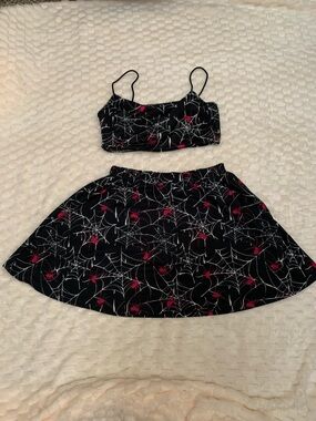 SHEIN Black and Pink Spiderweb Mini Skirt and Bra Top, Size XS